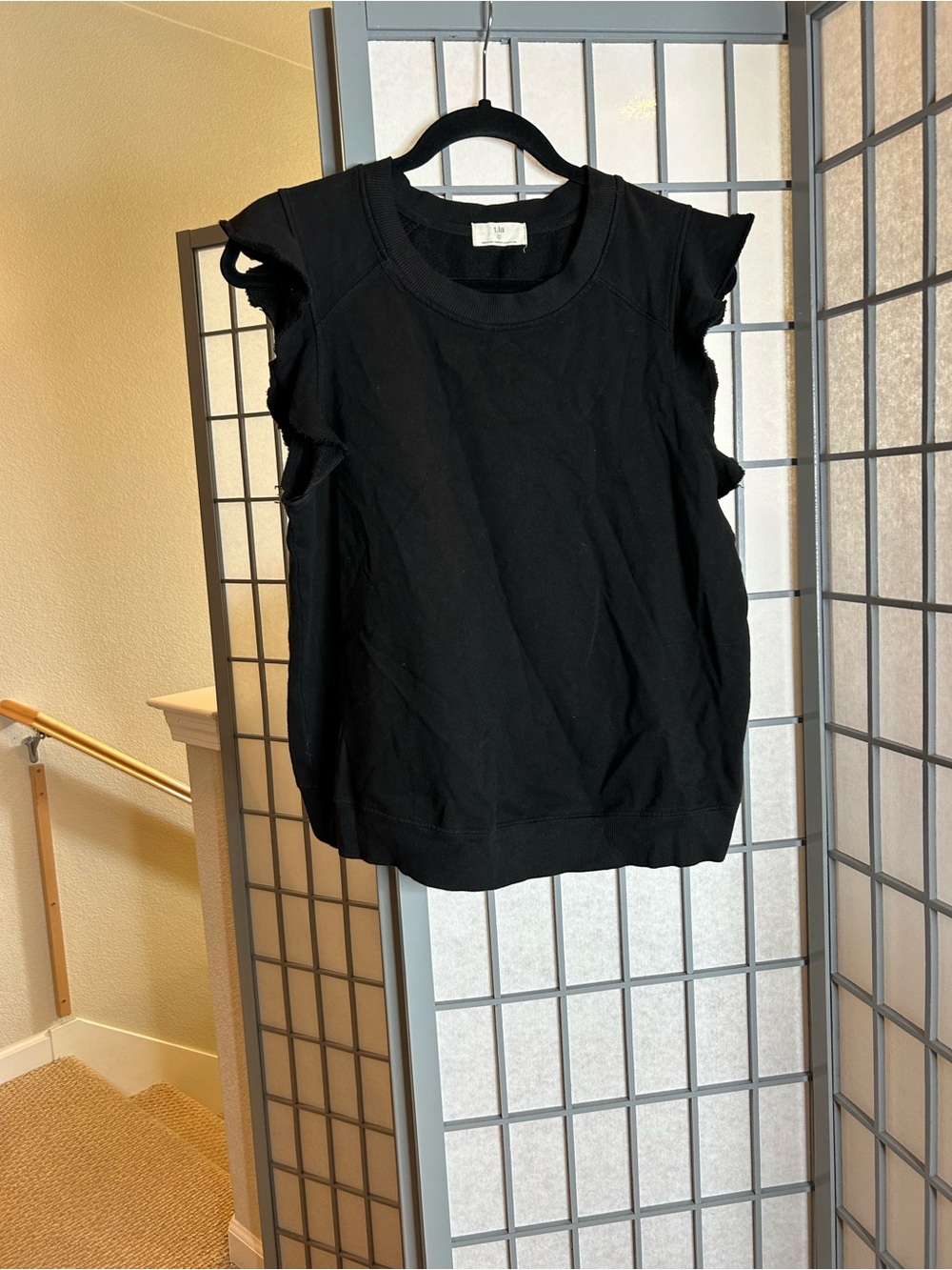 Anthropologie T.La Sleeveless Black Ruffle-Trim Sweatshirt Material Top